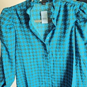 Ann Taylor Teal Houndstooth Blouse XXS Petite NWT